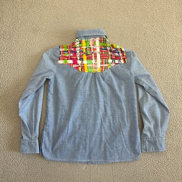 Vintage 70s Western Patchwork Button Shirt Womens Chambray Denim - Picture 10 of 16
